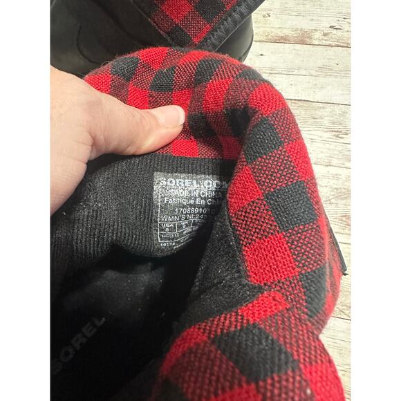 Sorel Major Moto Black Red Plaid Boots Women's Size 8 Buffalo Check Leather - Picture 7 of 10
